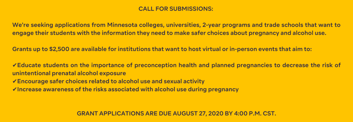 Proof_Alliance's tweet photo. ATTN #Minnesota colleges, universities, 2-year programs and trade schools. Apply for a grant up to $2,500 to help raise awareness about the importance of alcohol free pregnancies. 
#mncollege #mneducation #mnstudents #mnuniversity #mneducators

Apply here:
https://t.co/xpHs0GEeM0 https://t.co/reJNXJoT1W