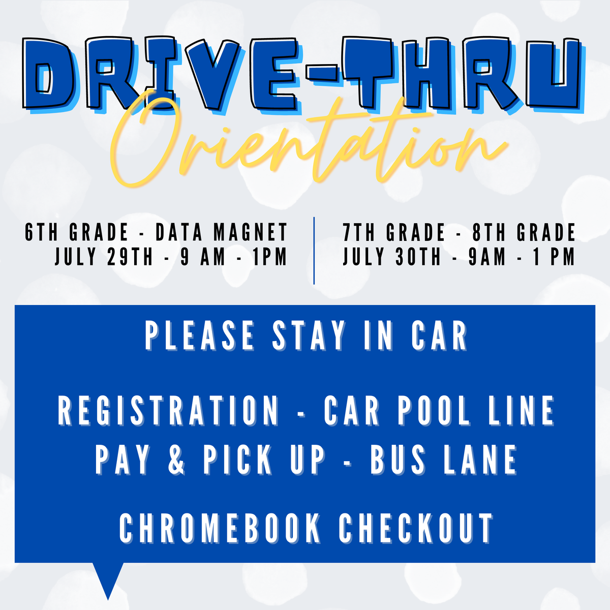 DRIVE-THRU ORIENTATION! You can pay fees, pick up new issued Chromebooks, and register. Check out our website for more information. 

smsdataschool.com/virtual-orient…