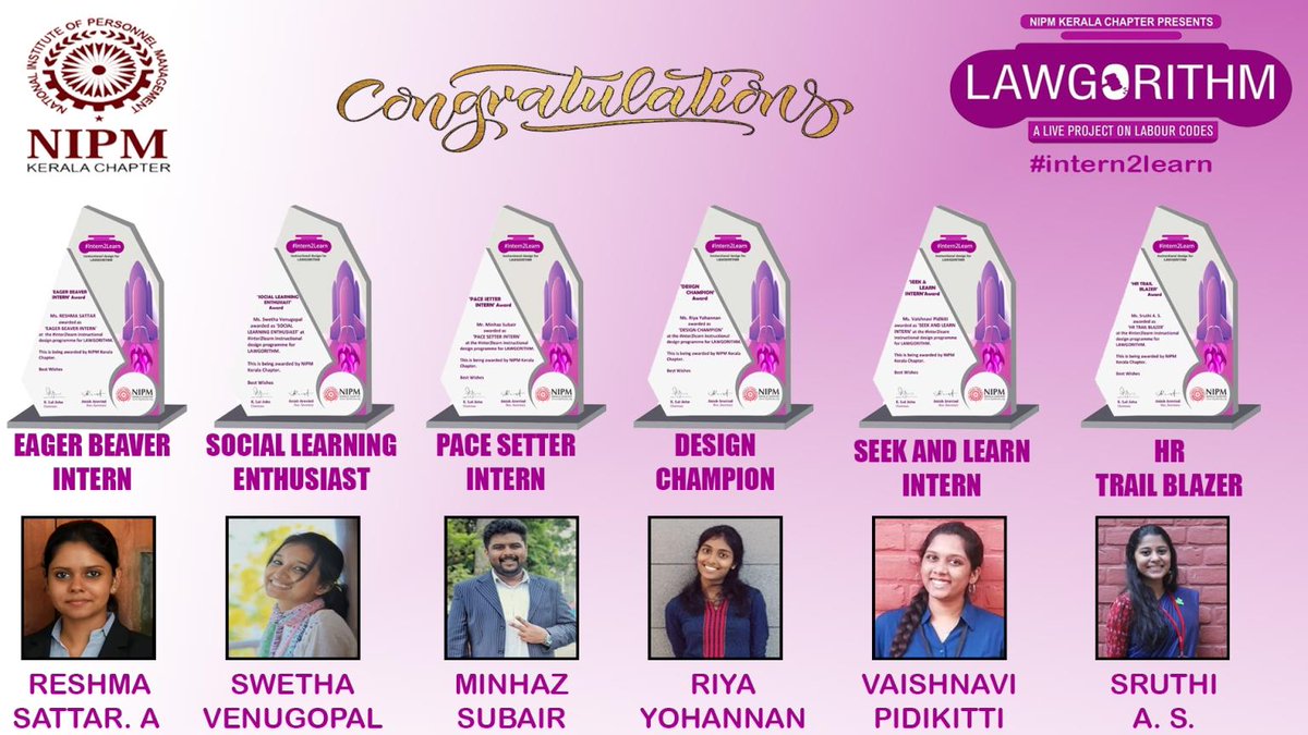 nipmkerala's tweet photo. We formally congratulate @ReshmaSattar, @venu_swetha, @tweet_minhaz, @RiyaYohannan, @VaishnaviPidik1 &amp; Sruthi AS for their insurmountable feat in the recently concluded #intern2learn online #internship. In turn creating instructional design for the #labourlaw series #Lawgorithm. https://t.co/v1XZ14BhJp