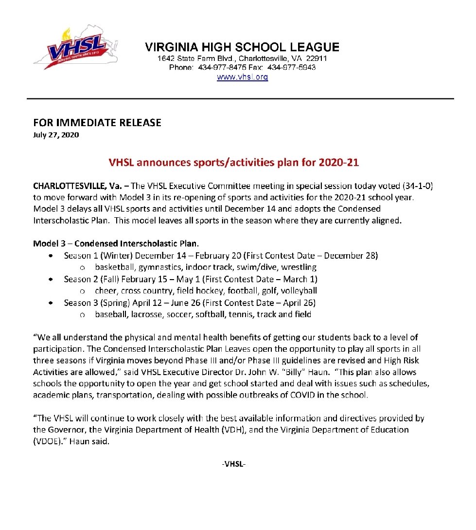 Official press release from VHSL regarding adjusted schedules: #playfortheK