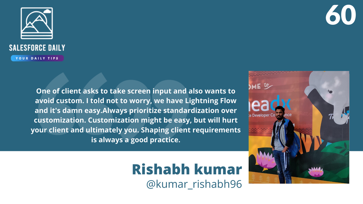 JollyPaarth's tweet photo. #SalesforceDaily Your Daily Tip - 60

#Trailblazer - @kumar_rishabh96
 
Category - Consultant
Submit your #Salesforce Tip!
https://t.co/qb7uSAc8UT

@Akash_SFDC @pritamsfdc @vipulgoel19

Follow Previous Missed Tips: https://t.co/iSUVXmbZH9
#SalesforceOhana #Salesforce https://t.co/igCR7DV6jX