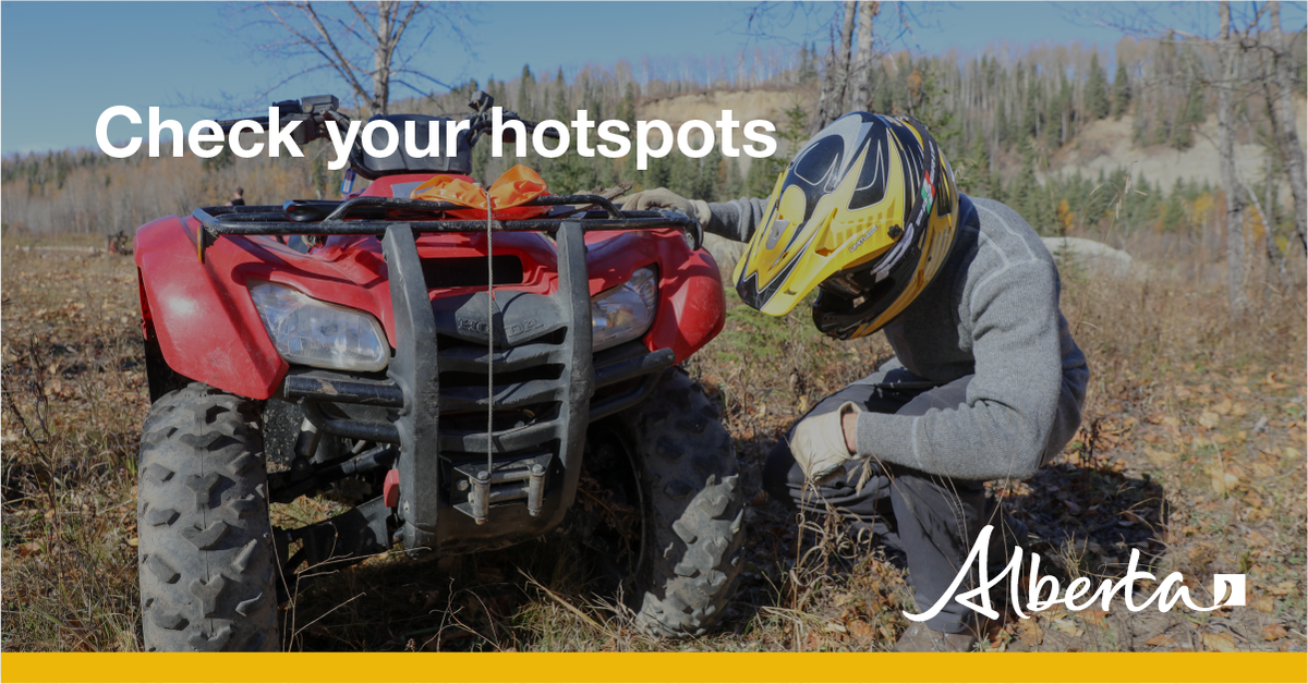 AlbertaWildfire's tweet photo. Proper off-highway vehicle care should include keeping a clean exhaust. Be sure to check your hotspots regularly to ensure they’re clear of debris.

For more information on OHV safety, visit https://t.co/h7dbutSOq7.
#ABwildfire https://t.co/DXEurXsFxl
