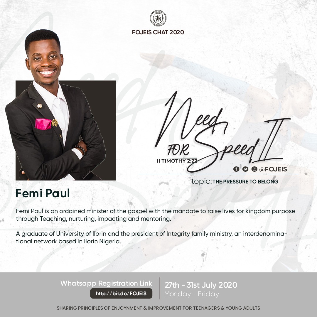 fojeis's tweet photo. GUEST SPEAKER ALERT 💫
Femi Paul is an ordained minister of the gospel with the mandate to raise lives for kingdom purpose...
Today by 7pm,he will be LIVE on #FojeisChat2020.
He will teach on the topic : THE PRESSURE TO BELONG
We are fired up for this session🔥
#Need4SpeedII https://t.co/of0Jm849H0