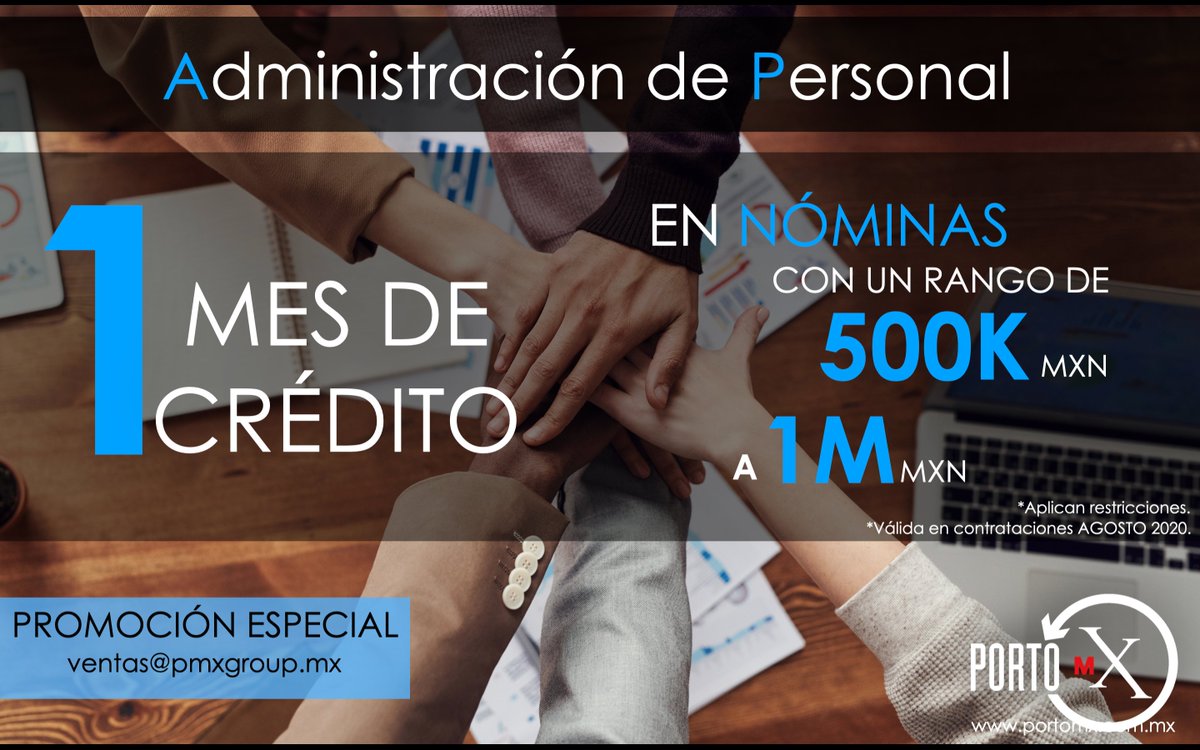 PortoMx's tweet photo. Apoyando a pequeñas y  medianas empresas, Porto Mx te da 1 mes de crédito en el pago de tu nómina contratando el servicio de Administración de Personal. 

Manda un correo a ventas@pmxgroup.mx para más información o visita https://t.co/Q2aEcZmznA

#recursoshumanos #promoción https://t.co/a0pPD7Csg3