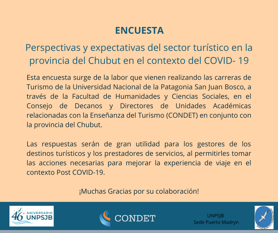 unpsjb_madryn's tweet photo. 📃 Encuesta: "Perspectivas y expectativas del sector turístico en la provincia del Chubut en el contexto del COVID- 19" 

Para completarla, ingresa a: https://t.co/v6xaAGy8Cv
¡Muchas gracias!😊 

#UNPSJB #FHCS #Turismo #Chubut #CONDET https://t.co/nNXItdAPPt