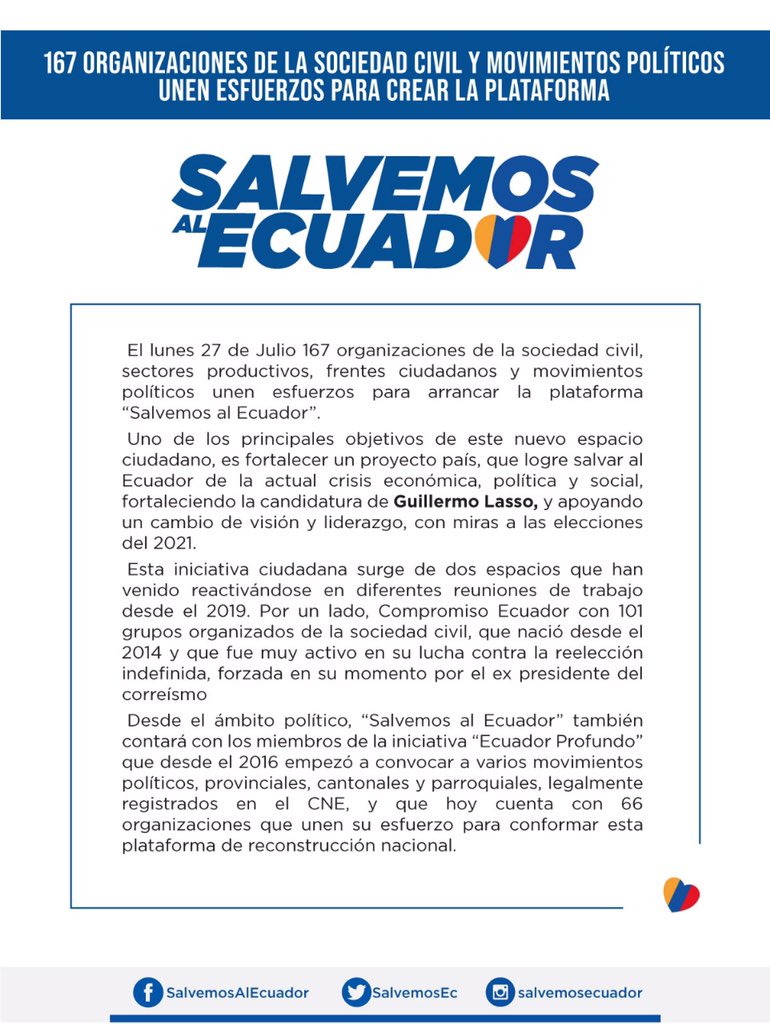 CREOEcuador's tweet photo. 107 organizaciones de la Sociedad Civil y Movimientos Políticos unen esfuerzos para crear la plataforma 

#SalvemosAlEcuador https://t.co/Tup4nvGtR0