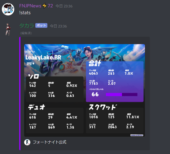 Fnjpnews 日本向け情報アカウント フォートナイト公式discordサーバーに入って自分の戦績を確認してみよう T Co A01vlinwnm