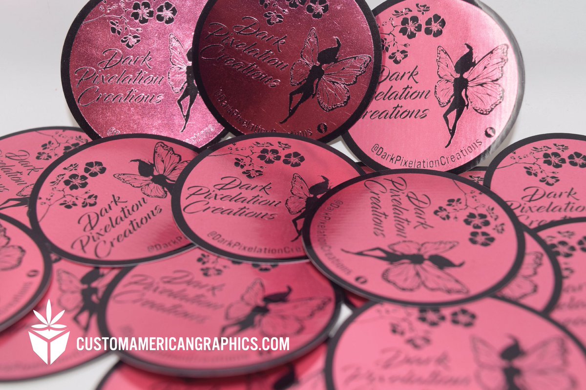 CAGC420's tweet photo. Pink hot foil stamping, yes we can. We have tons of solid  and incandescent foils to choose from. Thank you @darkpixie_2001 for your order, we REALLY like the way these turned out. #cagcinc #foilstamping #darkpixelationcreations #customslaps #foilslaps #420packaging #foillabels https://t.co/BHzIGcFPEA