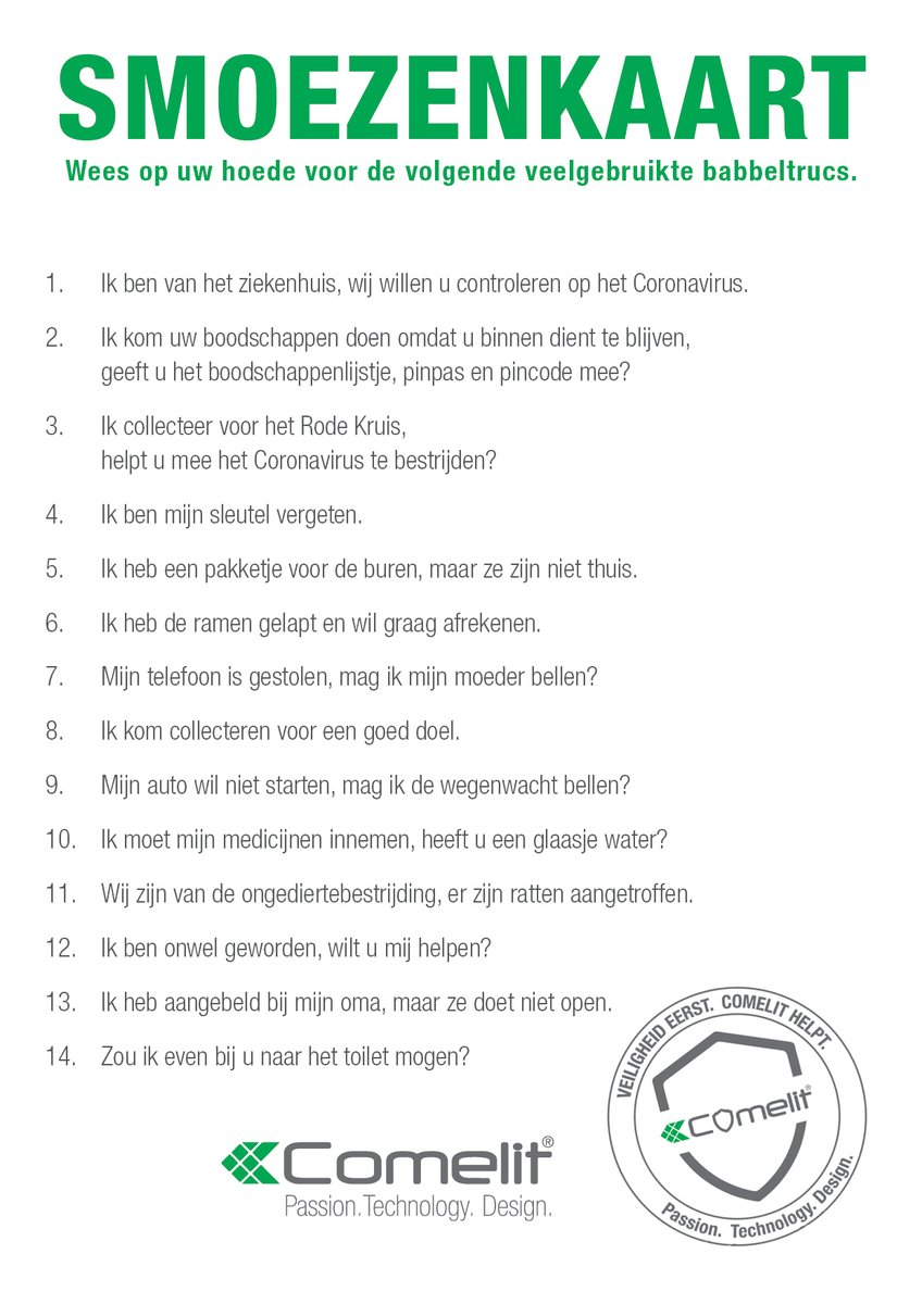 ComelitNL's tweet photo. @M_Sepers Niet helemaal een tegeltje, maar wel veel wijsheid ;P! Dit is de basis voor het waarborgen van de veiligheid in en rondom de woning. Wij als leverancier van onder andere deurintercom blijven dit herhalen, veiligheid boven alles ! #smoezenkaart #babbeltruc #teltot5 #comelit https://t.co/f0qYv9udpB