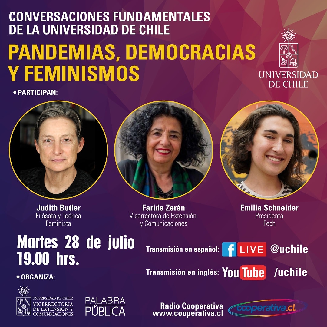 emischneiderv's tweet photo. Mañana a las 19 hrs por la redes de la @uchile y @Cooperativa estaremos dialogando sobre pandemias y democracias desde una óptica feminista, junto a 2 grandes mujeres y referentes para mi; @ZeranFaride y Judith Butler. Gracias por esta oportunidad! https://t.co/LzbCbnOUm2