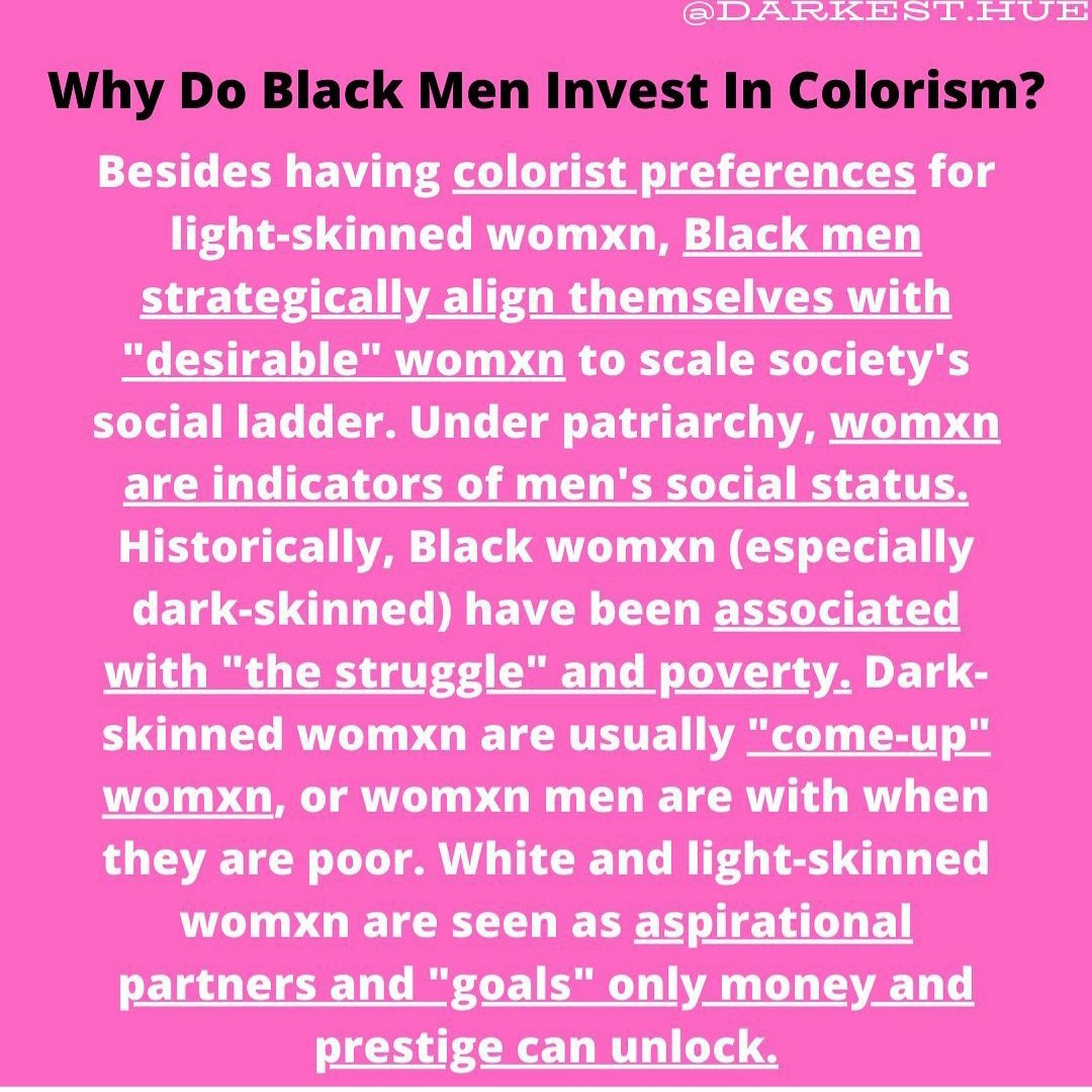 bed wenches, traitors to our race, anti Black. we are constantly invalidated based on criteria that Black men have been using for years to boost themselves up the social ladder.Black men choose to target BW in this way because it projects their own anti Black ideals onto us.
