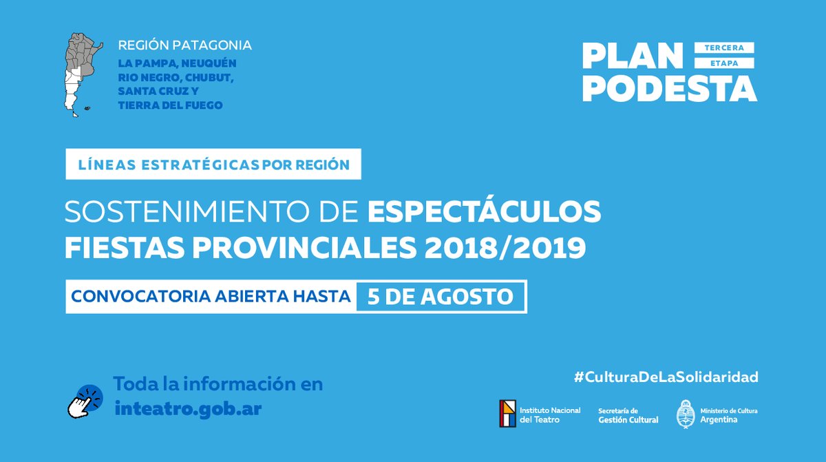 inteatro_ar's tweet photo. [CONVOCATORIA ABIERTA PARA #PATAGONIA]

Los espectáculos que hayan participado de las Fiestas Provinciales 2018/2019 de #LaPampa, #Neuquén, #RíoNegro, #SantaCruz, #Chubut, #TierraDelFuego y aún no hayan recibido un aporte del #PlanPODESTA tienen tiempo hasta 5/8 para postularse. https://t.co/5SEHtLWVdW