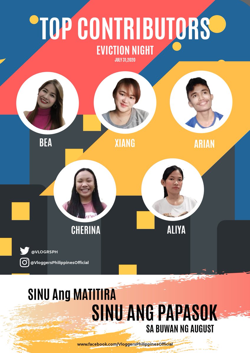 VLGRSPH's tweet photo. VLOGGERS PHILIPPINES TOP CONTRIBUTORS
EVICTION NIGHT JULY 2020.
ABANGAN KUNG SINU ANG PINAKA UNAHANG LALABAS SA LISTAHAN!!
JULY 30 NEW BANNER WILL BE POSTED with The Highest number of Contribution Per #TopMates!!
Voting Start on JULY 30,2020 Via Comments! via VPH COMMUNITY GROUP! https://t.co/2Q8PNP5mVp