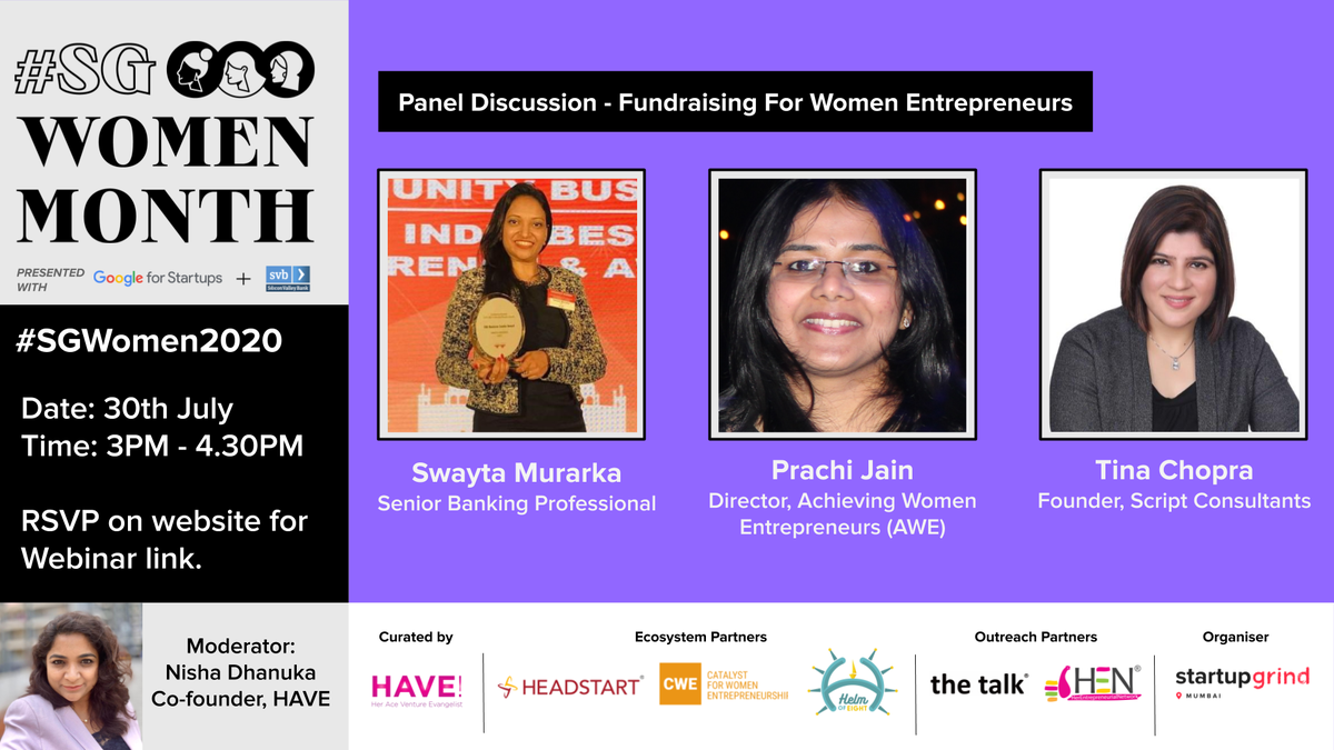 StartupGrindMum's tweet photo. Join us for the Panel Discussion: Fundraising for Women Entrepreneurs, on 30th July from 3PM to 4.30PM.

Panelists - Swayta Murarka, Prachi Jain, Tina Chopra

Moderated by - Nisha Dhanuka

Register here: https://t.co/qanUofum11

#SGWomen https://t.co/vvZ8XXoVqy