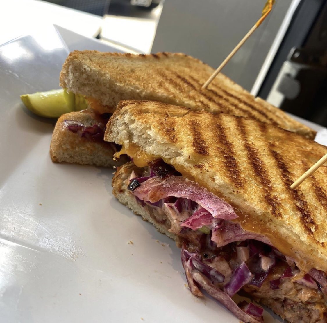 PeppDeliColumbu's tweet photo. Today’s special is a Southwest BBQ Pork Sandwich! On it we have cheddar cheese, roasted bell peppers, carmelized onions, apple red cabbage slaw, southwest bbq sauce on pork and it’s grilled to perfection😋 https://t.co/pEQ4Druwnd