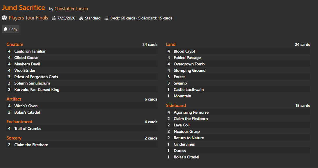 Jund Sacrifice placed two players in the top 8 and had a winning win rate overall in a field full of Reclamation, its "worst match-up".What gives?Turns out both these players are very skilled with this style of deck (Hardened Scales / Jund Sac) and trusted their play skill.