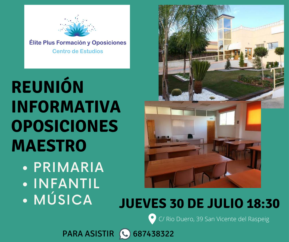 ElitePlusForm's tweet image. Reunión informativa para oposiciones de Maestro, curso 2020/2021. Este jueves 30 de julio a las 18:30. Imprescindible reserva en 687438322
#oposiciones #alicante #sanvicentedelraspeig