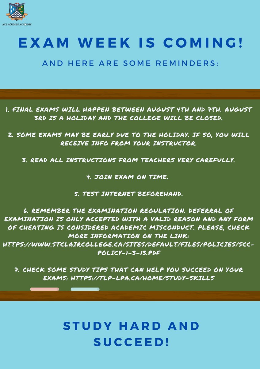 A reminder to all Acumen students that final exams are coming up! Make sure you are studying hard! Good luck!
