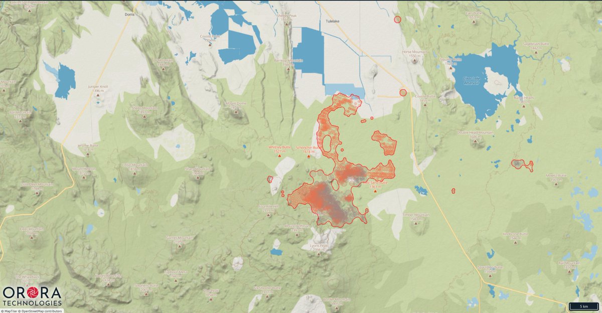 OroraTech's tweet image. Hotspot aggregations for the last 3 days on the #JulyComplex #wildfire, taken by our wildfire detection and monitoring service. This fire is at around 46,000 acres and 20% contained. Stay safe everyone!