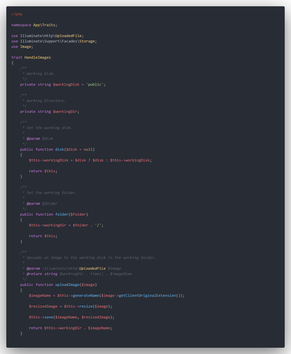 TasosTogridis's tweet photo. A Fluent API for image upload/deletes on a specific disk and folder. Provided via a trait to be able to easily change implementations.

#laravel #php https://t.co/Zg5Nu3w8Iu