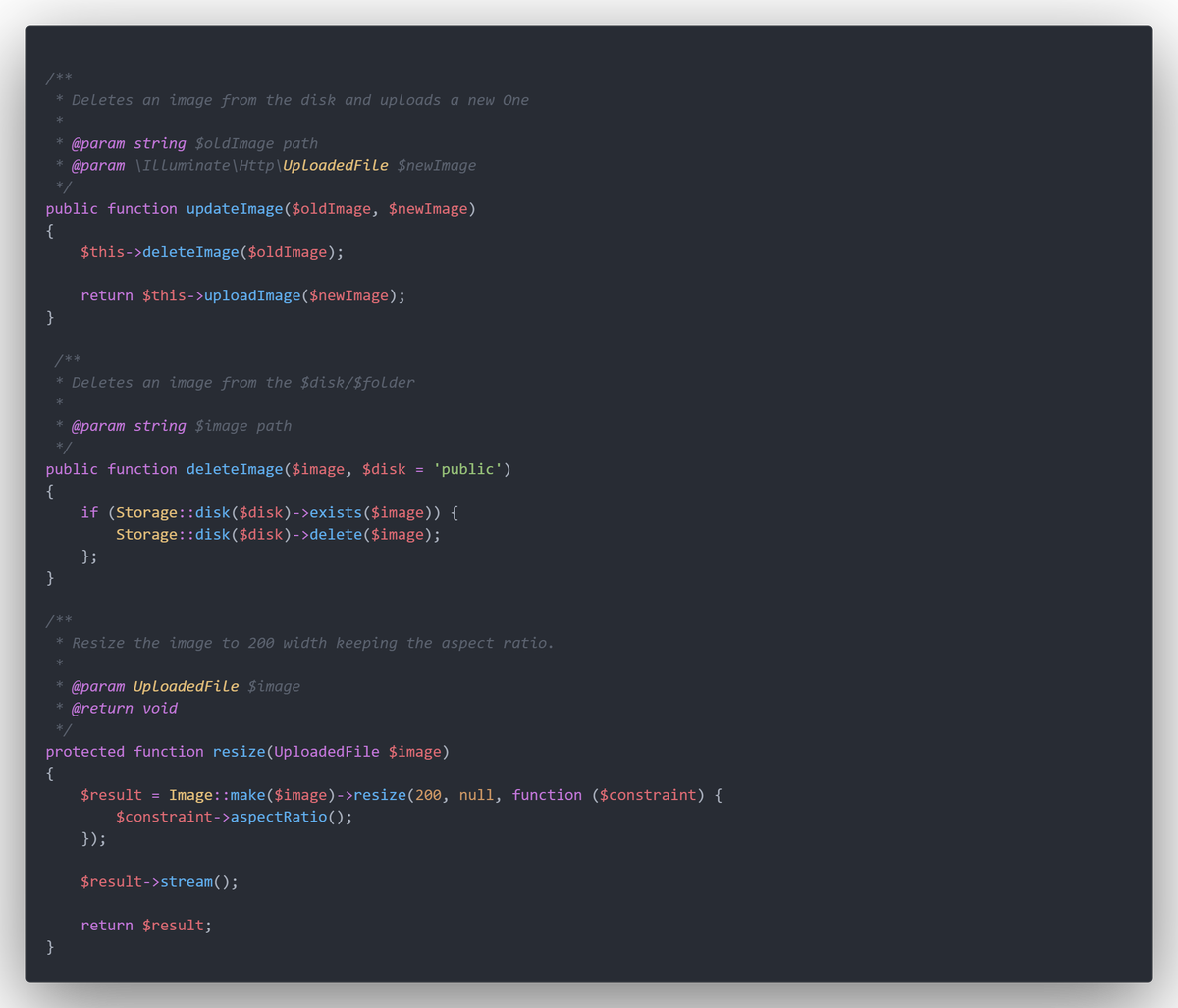 TasosTogridis's tweet photo. A Fluent API for image upload/deletes on a specific disk and folder. Provided via a trait to be able to easily change implementations.

#laravel #php https://t.co/Zg5Nu3w8Iu