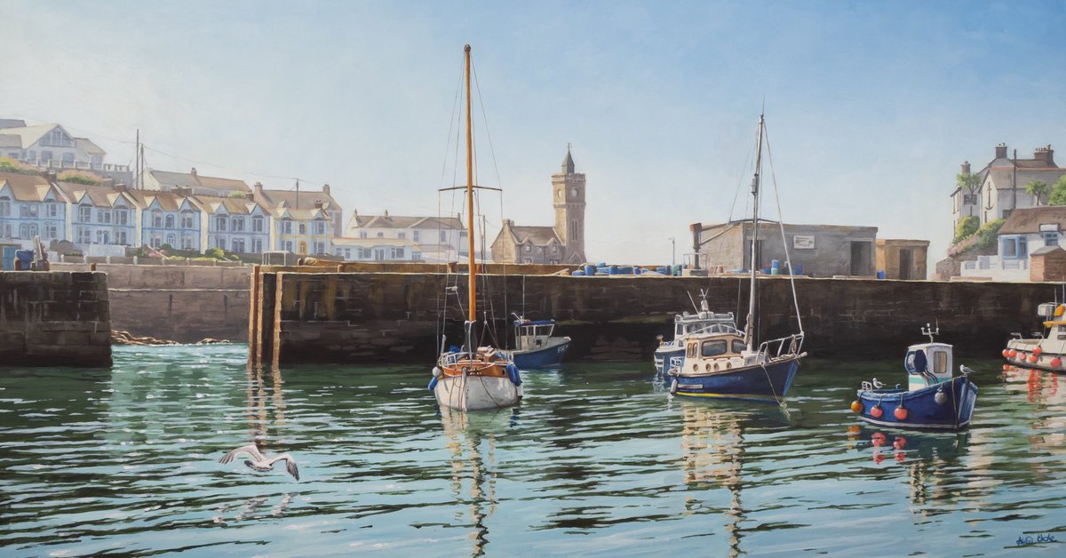 ‘Reflecting on Porthleven’ 65x34cm acrylic on paper
In this painting of beautiful Porthleven I wanted to capture the atmosphere of an early morning summer walk around the harbour with the gentle lapping of the sea &amp; the squeaking of the gulls...
#cornwall #porthleven #art