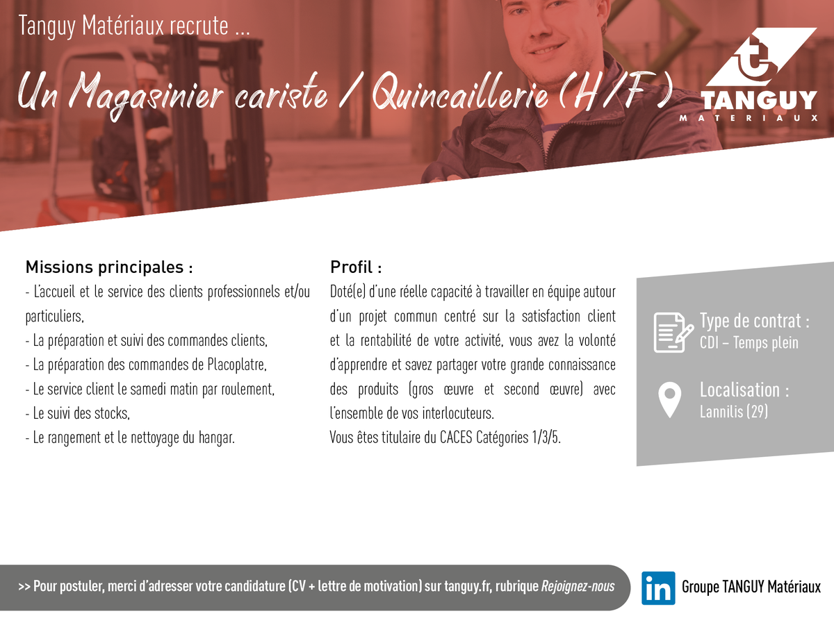 groupetanguy's tweet photo. [Recrutement]
La société Tanguy Matériaux recrute pour son agence de Lannilis (29) un Magasinier cariste / Quincaillerie (H/F)
✔️ Pour postuler, c'est par ici :  https://t.co/zKDUdkC2bp
➡️ Découvrez toutes nos offres sur : https://t.co/mcAXUvmWsQ
#Job #Emploi #Recrutement https://t.co/B8rXx1A0lJ