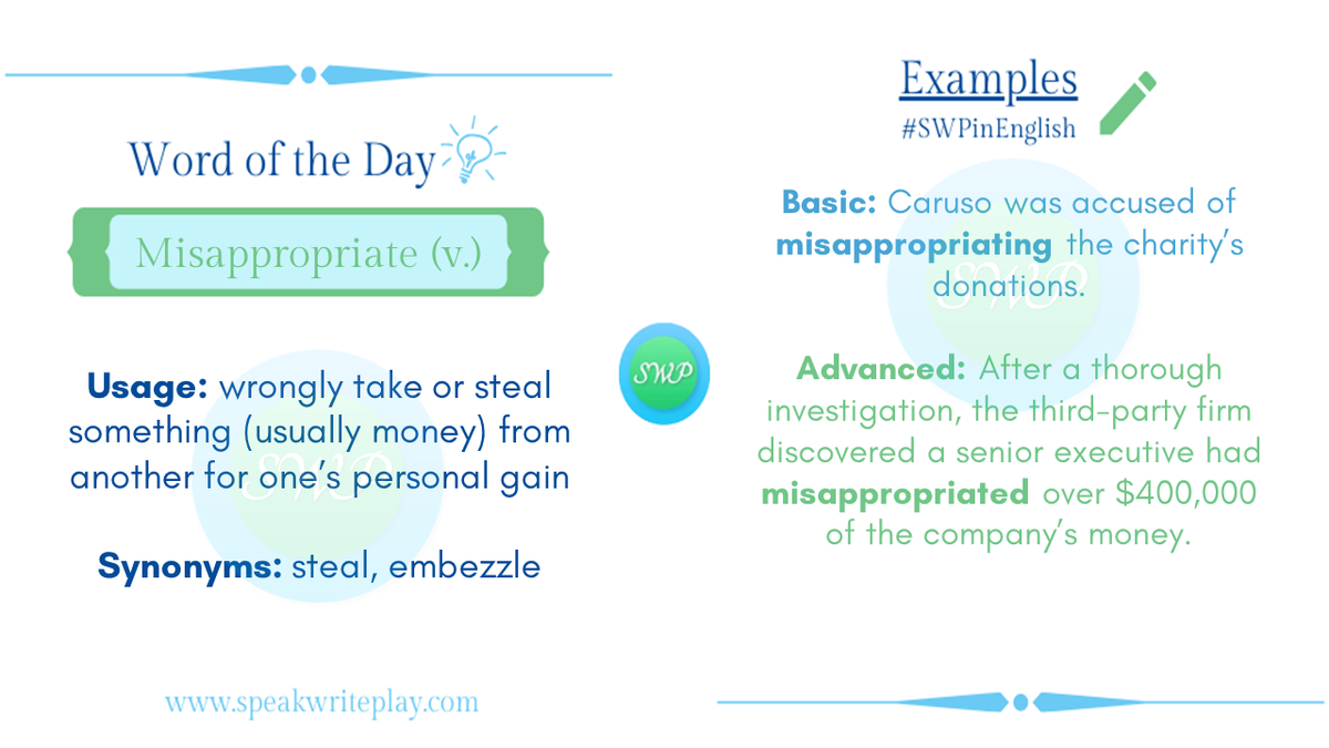 SpeakWritePlay's tweet photo. Dr. Enaraj: Any individual caught #misappropriating university dollars will be terminated immediately.
#Mondaymorning #learnEnglish #businessenglish #SWPinEnglish #grammar #English #englishforbusiness #vocabulary #englishtips https://t.co/mHGIzpU592