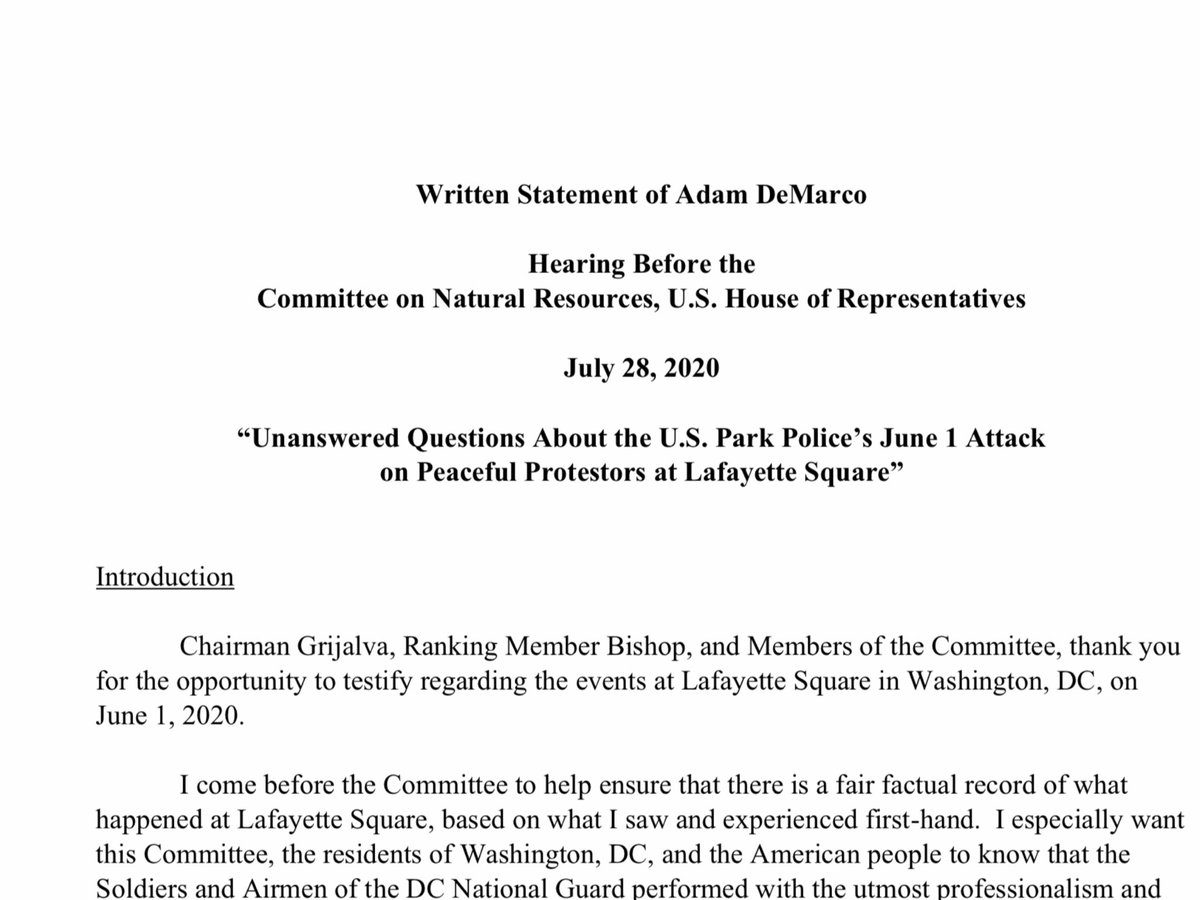 Adam DeMarco: the events I witnessed at Lafayette Square on the evening of June 1 were deeply disturbing to me, and to fellow National Guardsmen. Having served in a combat zone,..at no time did I feel threatened by the protestors or assess them to be violent.
