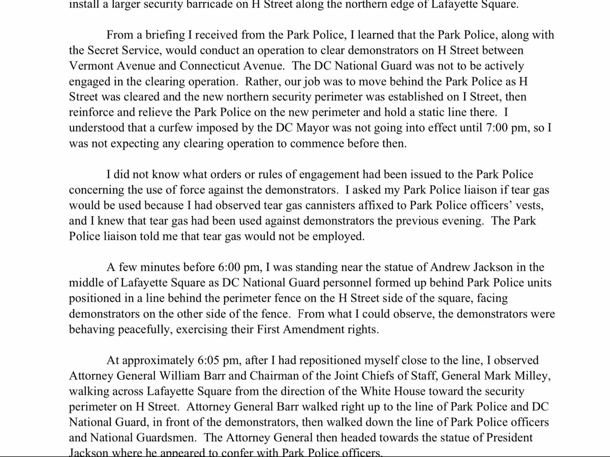 Adam DeMarco: the events I witnessed at Lafayette Square on the evening of June 1 were deeply disturbing to me, and to fellow National Guardsmen. Having served in a combat zone,..at no time did I feel threatened by the protestors or assess them to be violent.