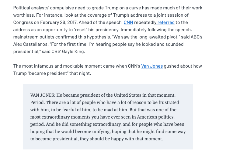 Fast-forwarding a bit, when he delivered his first speech to Congress, mainstream media hyped it as an opportunity to "reset" his presidency... and then after he finished, said he did exactly that (he didn't). The most cringeworthy reaction was from Van Jones: