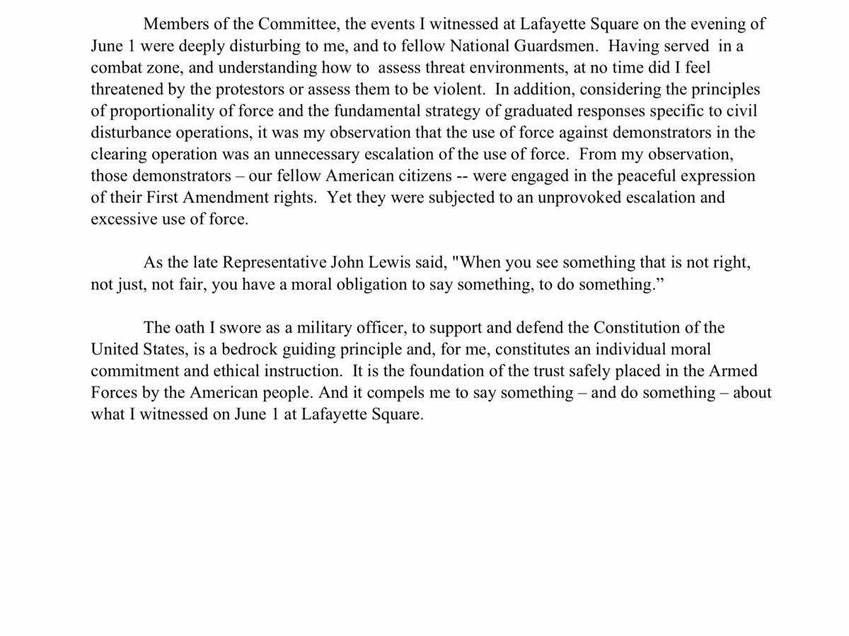 “And it compels me to say something – and do something – about what I witnessed on June 1 at Lafayette Square.”  https://naturalresources.house.gov/imo/media/doc/Mr.%20Adam%20DeMarco%20-%20Written%20Testimony_.pdf