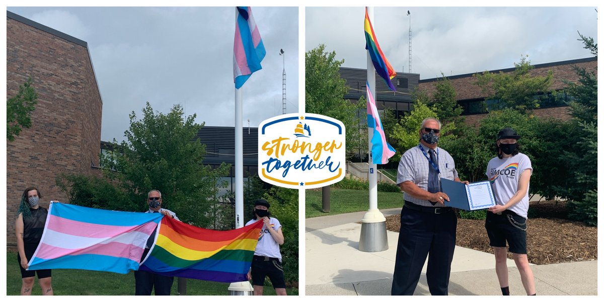 simcoecounty's tweet image. Today the #CountyofSimcoe welcomed @SimcoePride 2 raise the #Rainbow &amp;amp; #Trans flags in celebration of the diversity &amp;amp; individuality of our residents. #COVID19 has seen struggles &amp;amp; this year’s theme #ExistPersistResist highlights how #community can help to overcome challenges.