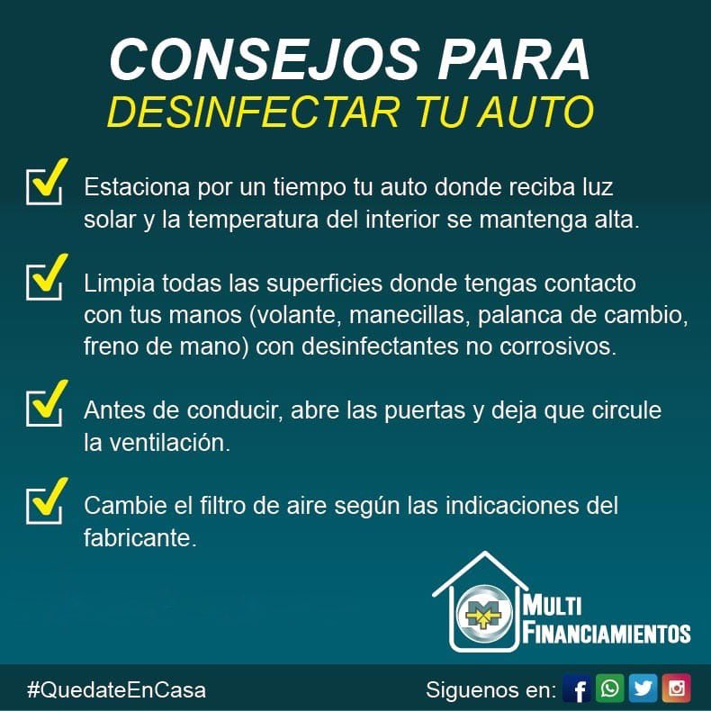 mfpty's tweet image. #MultiTips

Consejos para desinfectar tu 🚘.
#limpiatuautoencuarentena #cuidado #quedateencasa