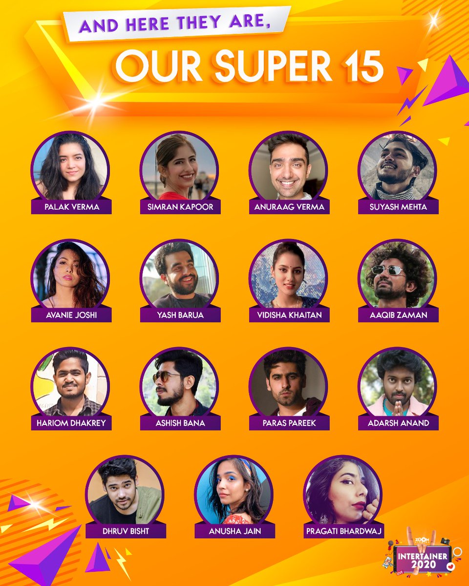 TheZoomStudios's tweet photo. Few steps away from fame, one step closer to the game! 15 entertainers will battle it out for #Intertainer2020. Who are you rooting for? @YashBarua @paraspareek_ @PRAGATIBHARDWAJ https://t.co/Ch2fGNkUlL