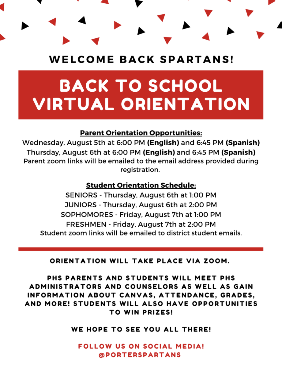 Back to school virtual orientation! 
Zoom links will be sent to parent email address provided during registration and student district accounts. Be sure to keep an 👀 out later this week! #phs_spartans #ncisd