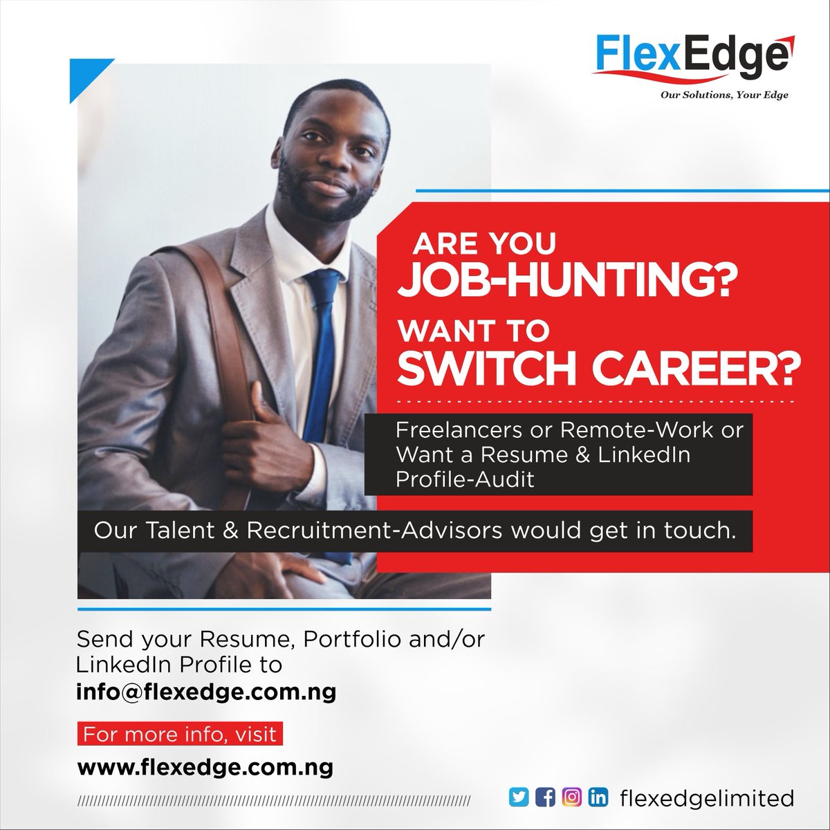 FlexEdgeLimited's tweet photo. Are you job hunting or trying to switch career? Reach out to us on info@flexedge.com.ng.⁣
⁣
#FlexEdge #JobHunting #CareerSwitch https://t.co/jNkSyu4SfE