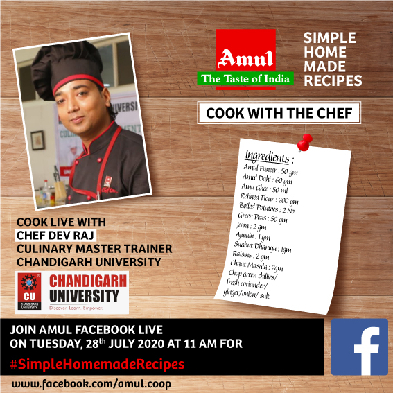 Amul_Coop's tweet photo. Watch 100 chefs jointly prepare a dish with Chef Dev Raj Sharma, Culinary Master Trainer, Chandigarh University on #Amul Facebook page, Live at 11:00 AM on 28th July 2020.
#CookWithTheChef
https://t.co/ubzm0KvcbO https://t.co/KcH78e4ckv