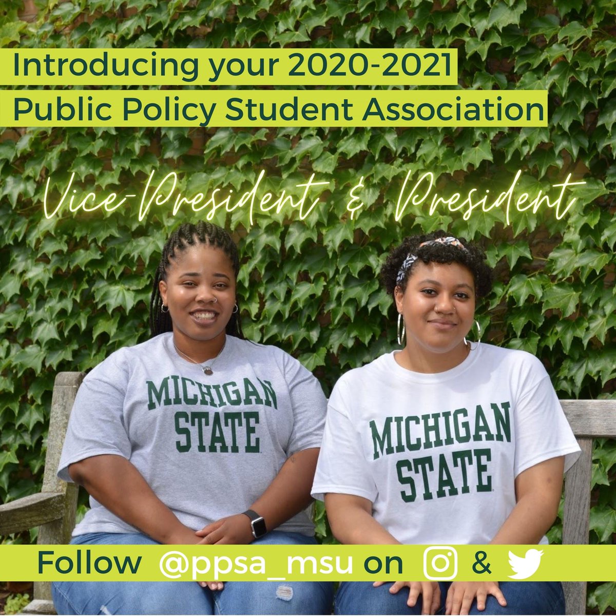 msu_mpp's tweet photo. Help us congratulate newly elected #MSUMPP Public Policy Student Association President @gsathompson and VP @BreGomillion. 

Stay looped in by following @ppsa_msu on Instagram!  #YesPLS https://t.co/h7W4wAQc4m