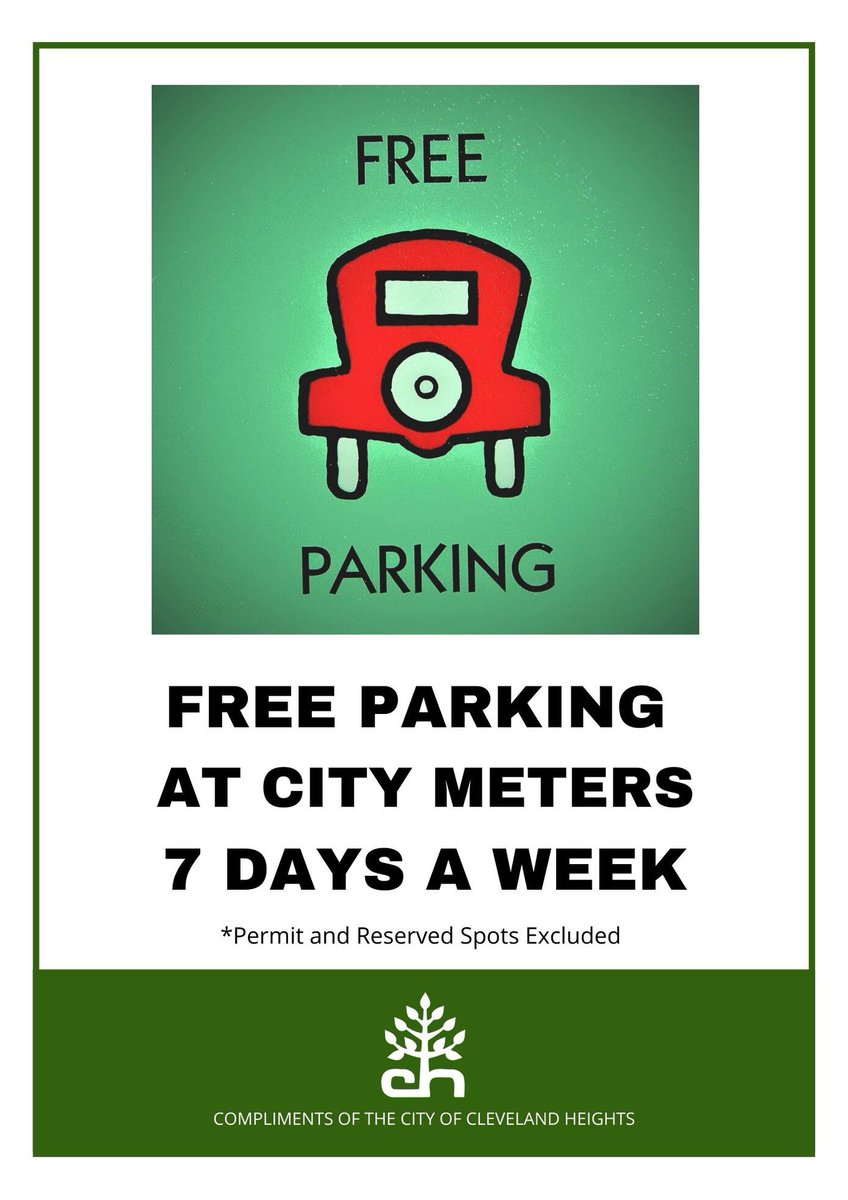 ClvHtsGov's tweet photo. FREE PARKING continues at all City meters throughout #ClevelandHeights, 7 days a week!
#freeparking #shoplocal @coventryvillage @luvlivinlocal @CedarFairmount @NobleNeighbors #shopeatcf https://t.co/GXpfv7tOF2