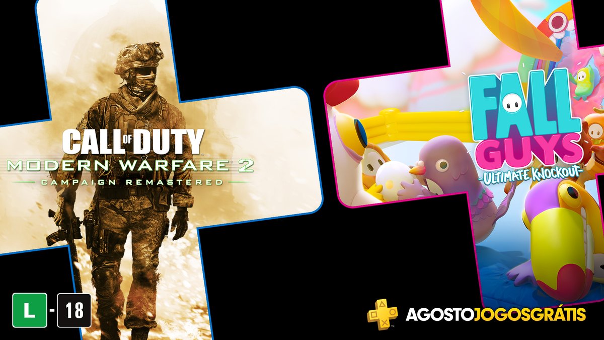 PlayStation_BR's tweet photo. Fall Guys: Ultimate Knockout e Call of Duty: Modern Warfare 2 Campaign Remastered são os jogos gratuitos para membros PS Plus do mês de agosto. Detalhes completos: https://t.co/iUp1CWPiI3 https://t.co/MmiQUR7nwx