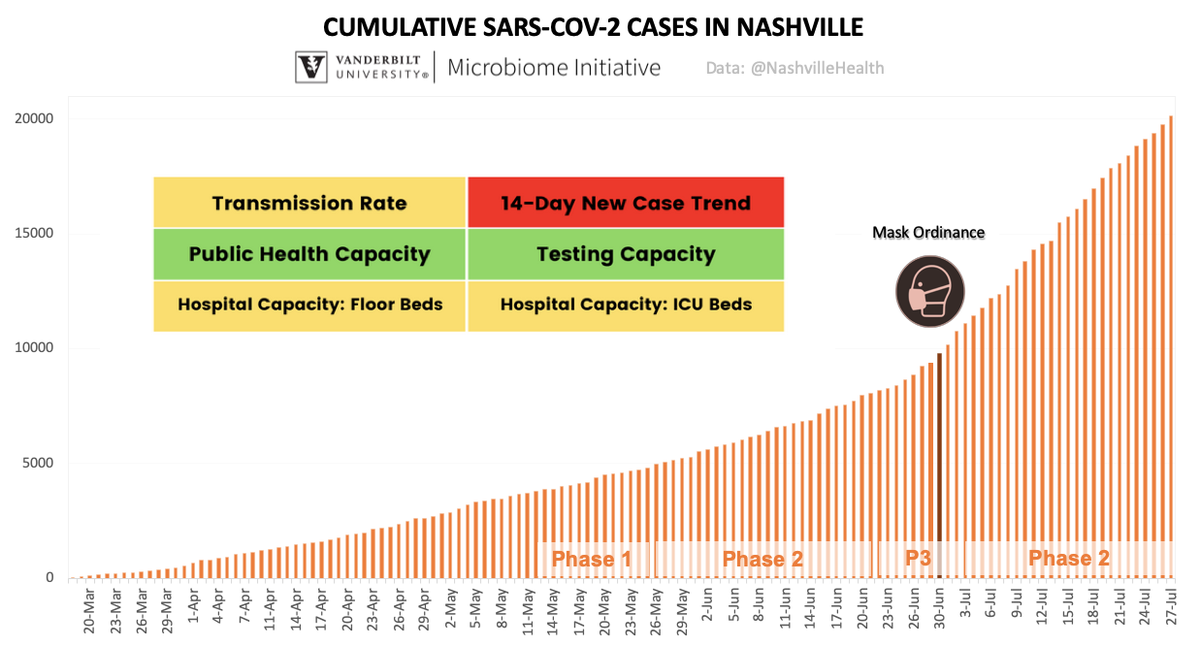 The cumulative case count shows the total history of SARS-CoV-2  #coronavirus cases in  #Nashville, the mask ordinance date, and the city's alert system. Hospital bed availability is hovering in a new range between 12-20% over the past 5 days. Hospital beds: 17%ICU beds: 12%