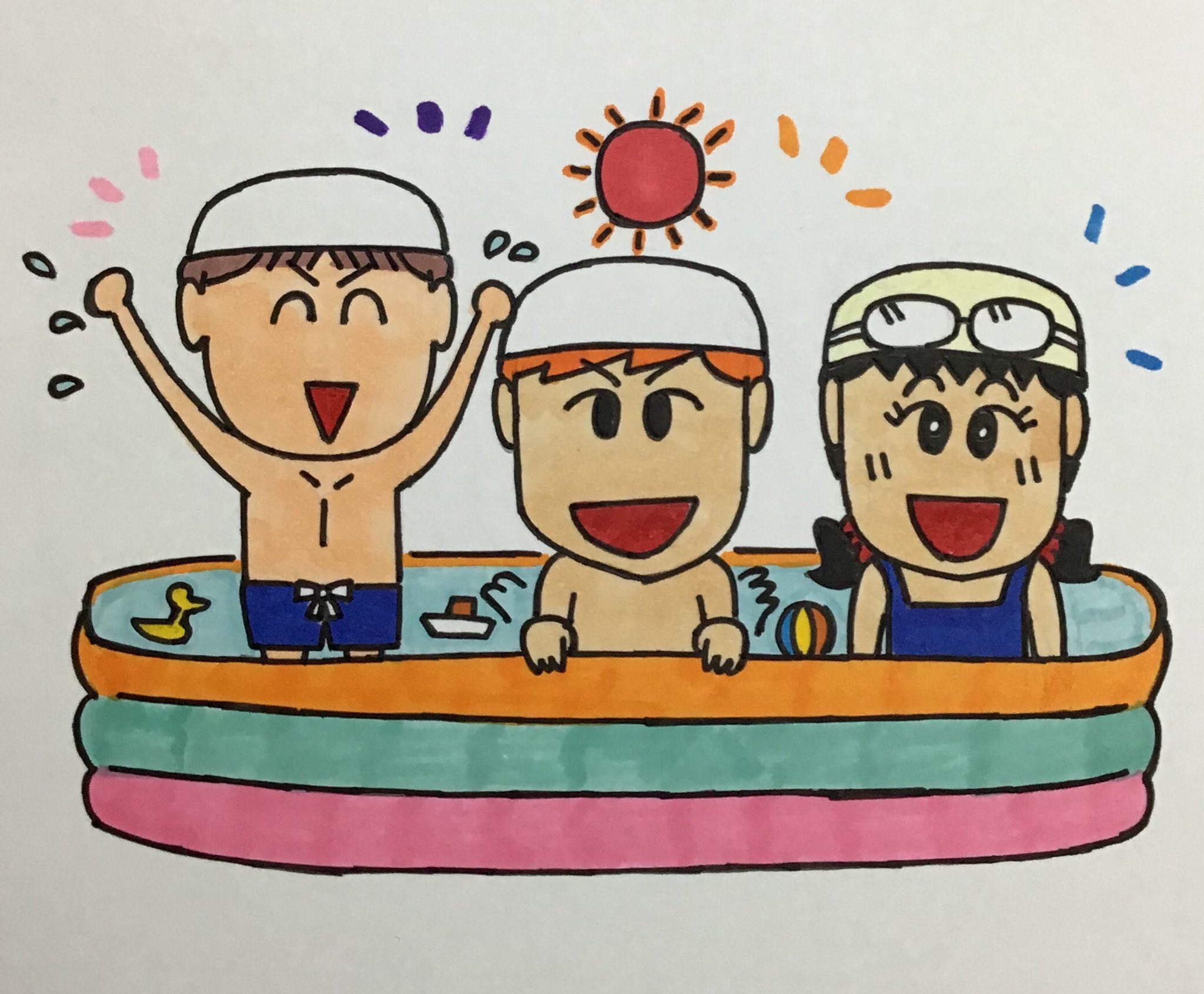 わだ ヨシタカ A Twitter ビニールプールで 遊ぶ子ども達のイラスト です コロナ禍の影響で プールが休業しています 元気を出して欲しいと描きました イラスト画像は ご自由にお使いください プール ビニールプール 子ども 元気を出して リツイート