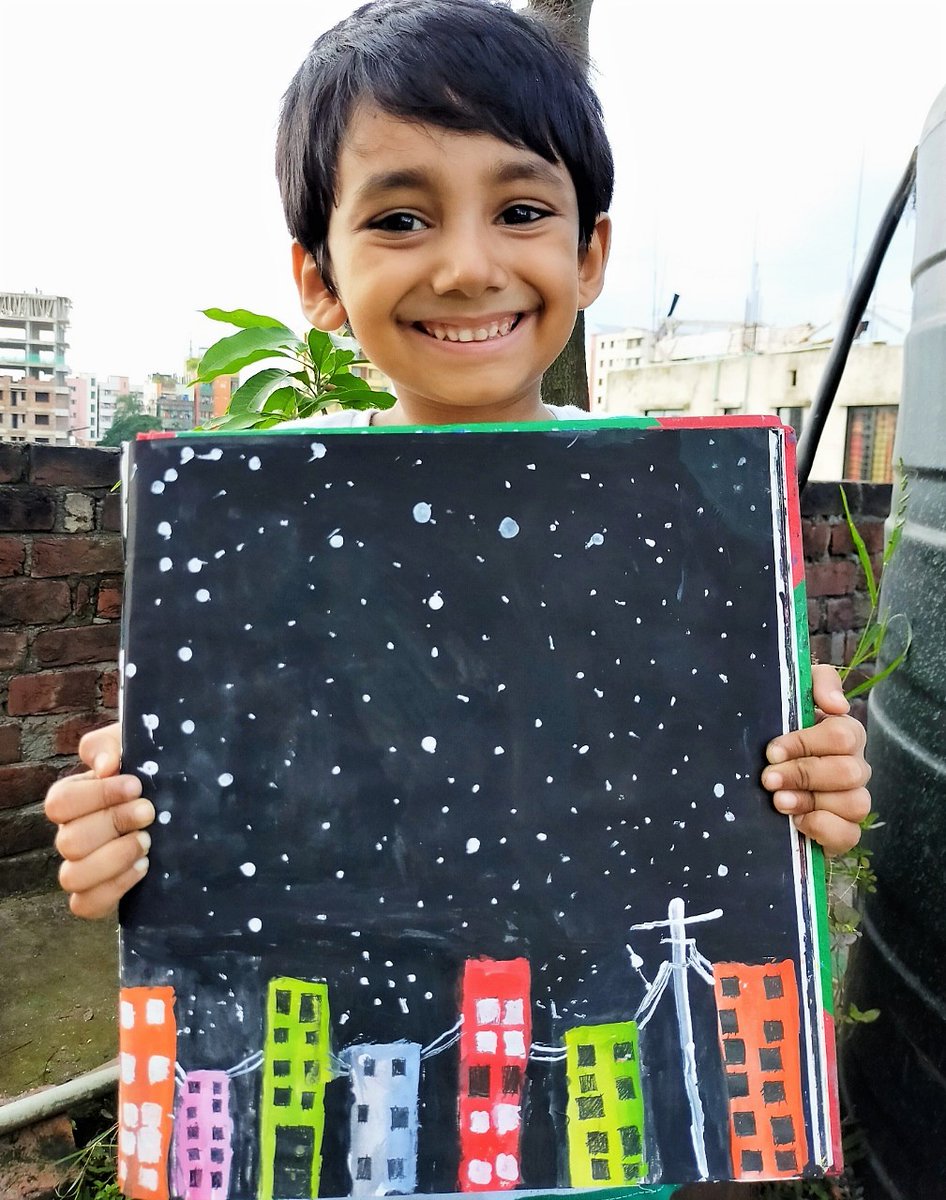UNICEFBD's tweet photo. 'Peaceful Night'🌃 by #UNICEFsuperstar Ashzayeen Sadik. 😍

6-year-old Ashzayeen wishes that soon people will be able to sleep peacefully in a world where #COVID19 doesn't exist anymore. 💙

Drawing, crafting, reading books- this is how little Ashzayeen is staying #HealthyAtHome. https://t.co/8cBP5Z7IJj