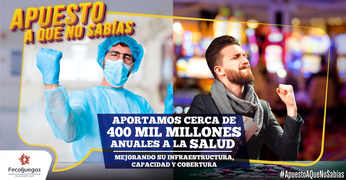 Fecoljuegos's tweet photo. #ApuestoAQueNoSabías los juegos de suerte y azar contribuyen con aportes significativos a la salud de los colombianos, solo los #CasinosBioseguros #BingosBioseguros aportan recursos por cerca de 400 mil millones de pesos al año. https://t.co/KB79KAToBG