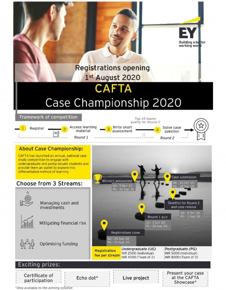 For more info, register at:
lnkd.in/eFWRVbe
 Follow the hashtag #EYCAFTACC2020 to stay updated!

#EY #EYCAFTA #EYCAFTACC2020 #casestudycompetition #Consulting #finance #treasury #corporatefinance #casessolution