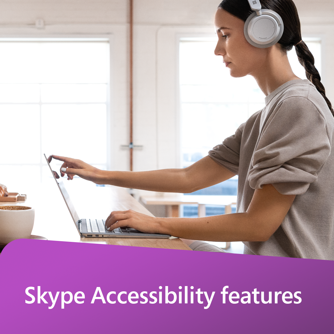 Image of women working on her laptop, using accessibility features like immersive reader through surface ear buds 