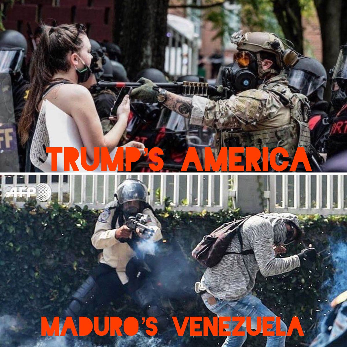 TacoTuit's tweet photo. When in comes to crushing descent &amp; #GestapoTrump use of force against peaceful protesters, #TrumpsAmerica is NO DIFFERENT from Maduro’s Venezuela. 
Both create chaos to stay in power!
#DicatorTrump #AmericasEnemy #AmericasGreatestMistake #FascismHasComeToAmerica #MondayThought https://t.co/4L84cBpnXZ