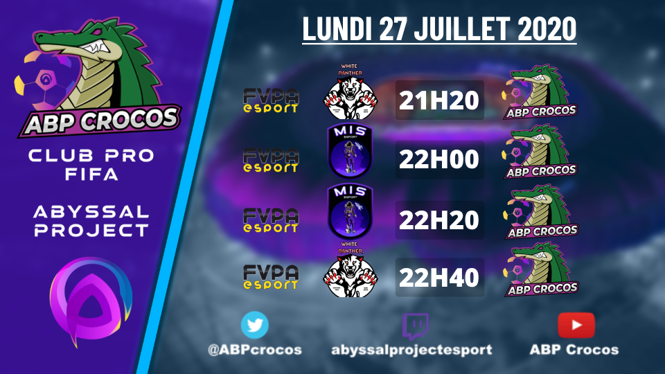 AbyssalWebTV's tweet photo. ⚽️Programme du soir🚨

Retrouvez-nous ce soir pour le dernier round de la compétition Road To FIFA21 organisé par @FVPAeSport 👏

Ce soir nos Crocos défieront la @whitepanthere et la @MadeInSkyEsport ! 🤝

📺Venez nous soutenir en live sur https://t.co/xJMnAgJ33T🔴

#LetsGoABP https://t.co/RPXSfv4Qnc