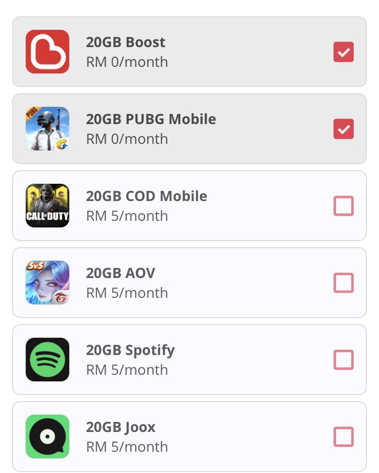 Ni list yang korang boleh add on. Macam i suggest, amik data RM20 for 20GB. add on boost 20GB, PUBG 20GB free and add on IG 20GB rm5. So total rm25 je per month. Murah kann 